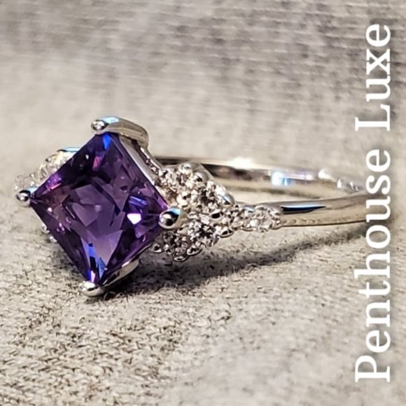SOLID Sterling Purple Amethyst Princess Cut Ring - Picture 2 of 6